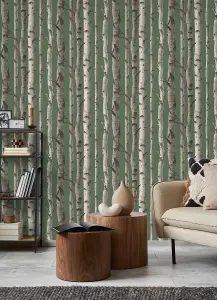 Fine Decor Birch Trees Hunter Green Wallpaper FD43292