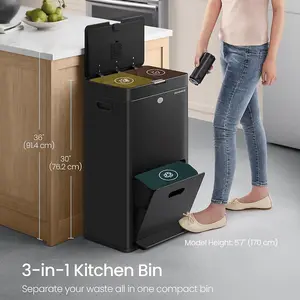 SONGMICS Kitchen Bin, 3-Compartment Bin for General Waste, Food Waste, and Recycling, Carbon Filter, Wide Pedal, Black