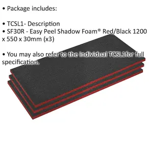 3 Pack of 1200x550x30mm Red Easy Peel Shadow Foam for Tool Chests and Flight Cases