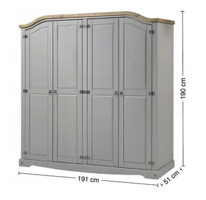 Mercers Furniture Corona Grey Wax 4 Door Arch Top Wardrobe Solid Pine Rustic Mexican Styling