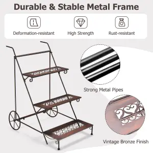 Costway 3-Tier Metal Plant Stand Ladder Shaped Flower Pot Holder w/ Wheels