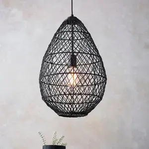 Luminosa Ancona Single Pendant Ceiling Lamp, Black Rattan, Matt Black