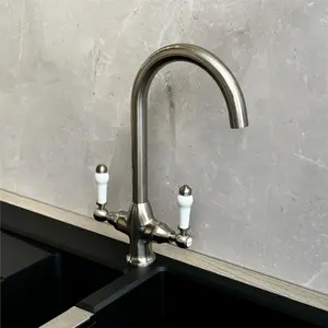 Liquida W22BN Traditional Twin Lever Swivel Brushed Nickel Kitchen Mixer Tap