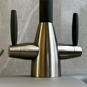 Liquida LB01GM Swan Neck Twin Lever Brushed Steel & Gun Metal Kitchen Mixer Tap