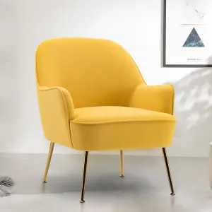 Yellow Velvet Effect Relaxer Chair Occasional Armchair with Gold Plated Feet Yellow