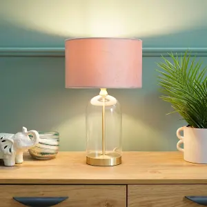 ValueLights Jessy Glass and Gold Metal Bedside Table Lamp with a Blush Pink Velvet Lampshade