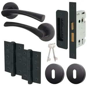 AFIT Matt Black Key Lock Door Handle Set Round Internal Door Handles, Sash Lock, Hinges (76mm) & 2 Escutcheons Novi Range