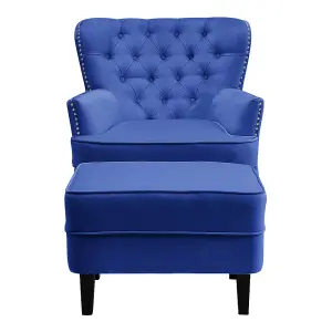 Blue Velvet Upholstered Occasional Armchair Sofa Chair with Footstool