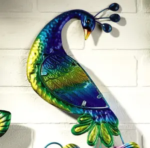 Peacock Wall Decor - Colourful Metal & Hand Painted Glass Indoor or Outdoor Home Garden Ornament Sculpture - 58 x 52 x 1cm