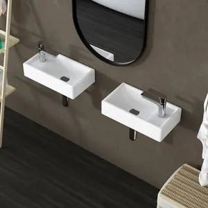 16-Inch Wall Hung Basin Sink Combo, Small Cloakroom Basin, Rectangle Ceramic Bathroom Wash Basin - Right Hand Sink Set (Include Faucet & Pop-up Drain)