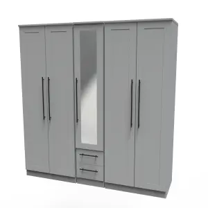 Howard Tall 5 Door 2 Drawer 1 Mirror Wardrobe in Dusk Grey (Ready Assembled)