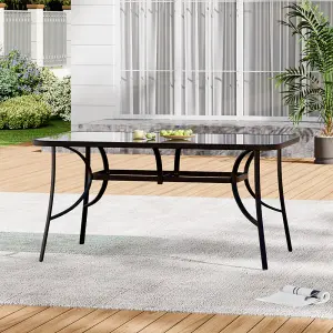 Black Rectangular Tempered Glass Tabletop Metal Outdoor Garden Coffee Table with Parasol Hole 150cm