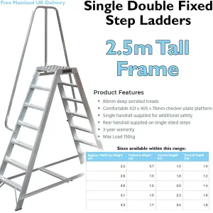 1.7m Heavy Duty Double Sided Fixed Step Ladders Safety Handrail & Wide Platform