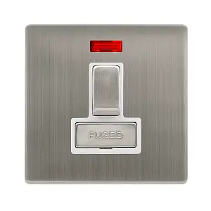 Stainless Steel Screwless Plate 13A Fused Ingot Connection Unit Switched With Neon - White Trim - SE Home