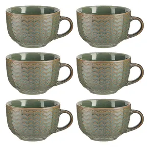 Set of 6 Dark Green Large Stoneware Cups Coffee Mugs