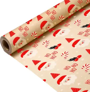 15m Eco-Friendly Kraft Christmas Wrapping Paper Roll with Santa Design - Recyclable Brown Gift Wrap, 43cm Wide