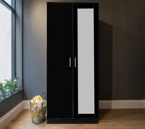 REFLECT 2 Door Mirrored Wardrobe in Gloss Black Door Fronts and Black Oak Carcass