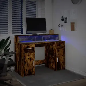 Berkfield Desk with LED Lights Smoked Oak 120x55x91 cm Engineered Wood