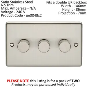 2 PACK 3 Gang 400W 2 Way Rotary Dimmer Switch SATIN STEEL Light Dimming Plate