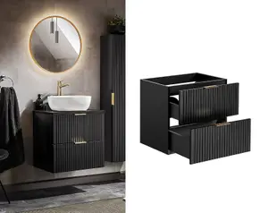 Wall Hung Vanity Unit 600mm Black Bathroom Cabinet with Drawers Ribbed Textured Floating Adel