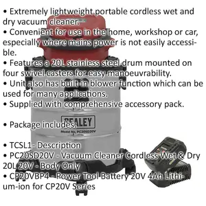 20V Cordless Wet & Dry Vacuum Cleaner with 4Ah Battery & Charger - 20L Drum