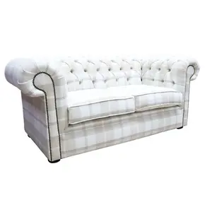 Chesterfield Handmade Tartan 2 Seater Sofa Balmoral Natural Fabric In Classic Style