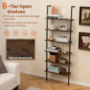 COSTWAY 6-Tier Ladder Shelf Wall Mounted Industrial Bookshelf with Metal Frame