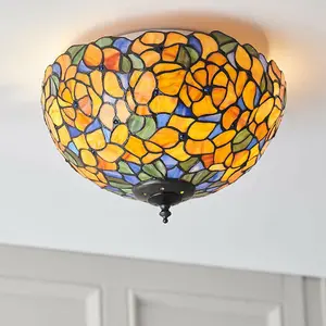 Tiffany Glass Semi Flush Ceiling Light Yellow Flower Round Inverted Shade i00052