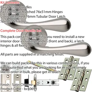 Door Handle & Latch Pack - Satin Chrome - Flared Short Bar Lever On Round Rose