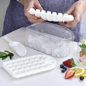 Ice Cube Tray & Container - Multi Layer Ice Bucket Storage Box with Scoop & 2 Moulds That Make Up to 58 Cubes - 10 x 11.5 x 21cm