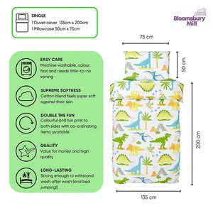 Bloomsbury Mill - Dinosaur World Kids Single Bed Duvet Cover and Pillowcase Set - Single - 135 x 200cm