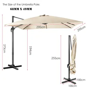 Costway 3 x 3m Garden Cantilever Parasol 3 Positions Adjustable Square Overhanging Umbrella