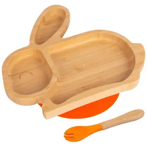 Bamboo Rabbit Baby Weaning Plate & Fork Set - Orange