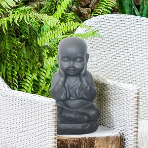 Buddha Statue Indoor and Outdoor, Grey Stone Effect Feng Shui Ornament, Buddha Baby Monk Figurine L20 W17 H35 cm