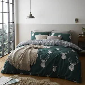 Stag Check Reversible Duvet Cover Set with Pillowcases Green / Super King Duvet Cover + 2 Standard Pillowcases