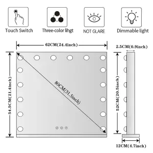 Hollywood Vanity Mirror Lighted Mirror Touch Control Makeup Mirror with 16 Dimmable Bulbs 62cm W x 52cm H