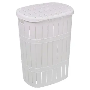 URBNLIVING 65L White Plastic Bamboo Style Laundry Basket Storage Bin With Handles & Easy Open Lid