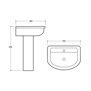 Ceramic D Shape Full Pedestal and 550mm Basin - 1 Tap Hole