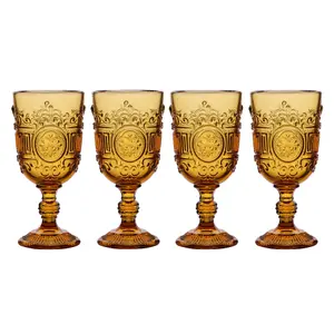 Set of 4 Vintage Luxury Amber Embossed Drinking Wine Glass Goblets 300ml