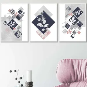 Set of 3 Graphical Abstract Floral Blue Grey Wall Art Prints / 42x59cm (A2) / White Frame