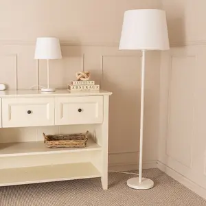 ValueLights Charles White Single Stem Table Lamp with White Tapered Lamp Shade and LED Bulb