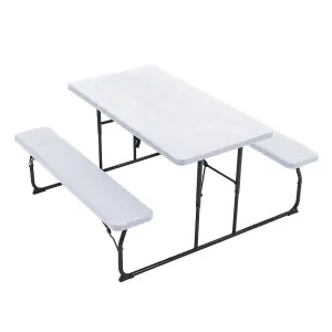 180cm W Outdoor Garden Foldable Picnic Table and Bench Set with Parasol Hole, White