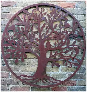 Rustic Round Steel Tree and Bird Screen Wall Art Plaque 1m Diameter