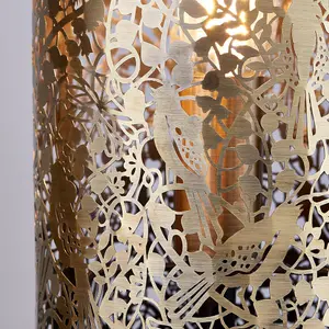 Pattern Table Lamp Light Aged Brass Floral Bird Metal Cylindrical Shade Modern