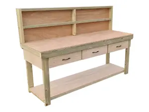 Wooden Eucalyptus hardwood top workbench, tool cabinet with drawers (V.1) (H-90cm, D-70cm, L-210cm) with back