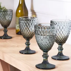 Set of 8 Vintage Luxury Grey Diamond Embossed Drinking Wine Glass Wine Goblets 270ml