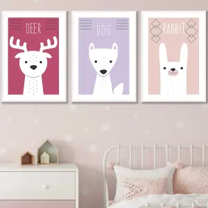 Set of 3 Scandi Nursery Forest Animals Pink Lilac Wall Art Prints / 50x70cm / White Frame