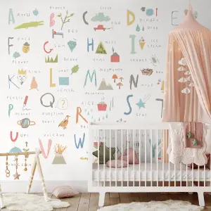 Origin Murals Childrens Alphabet Illustrations Multi Pastel Matt Smooth Paste the Wall Mural 350cm Wide X 280cm High