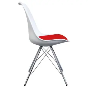 Soho White and Red Plastic Dining Chair with Chrome Metal Legs