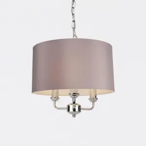 First Choice Lighting Pair of 3 Light Chrome Pendant Chandelier with Grey Fabric Shade